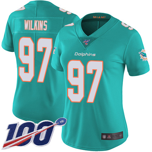 Nike Miami Dolphins 97 Christian Wilkins Aqua Green Team Color Women Stitched NFL 100th Season Vapor Limited Jersey